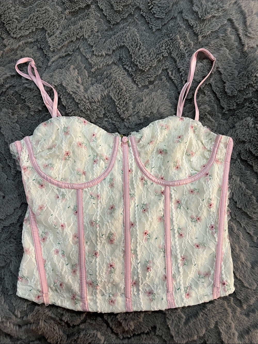 Pretty Floral Lace Bustier Crop Top with Pink Trim
